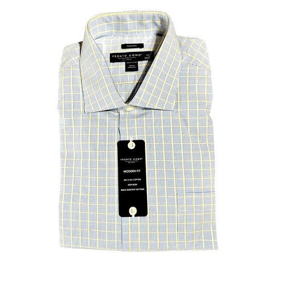 Pronto Uomo Men’s Dress Shirt Modern Fit 17 34/35 Blue Yellow Plaid NWT - Picture 1 of 5
